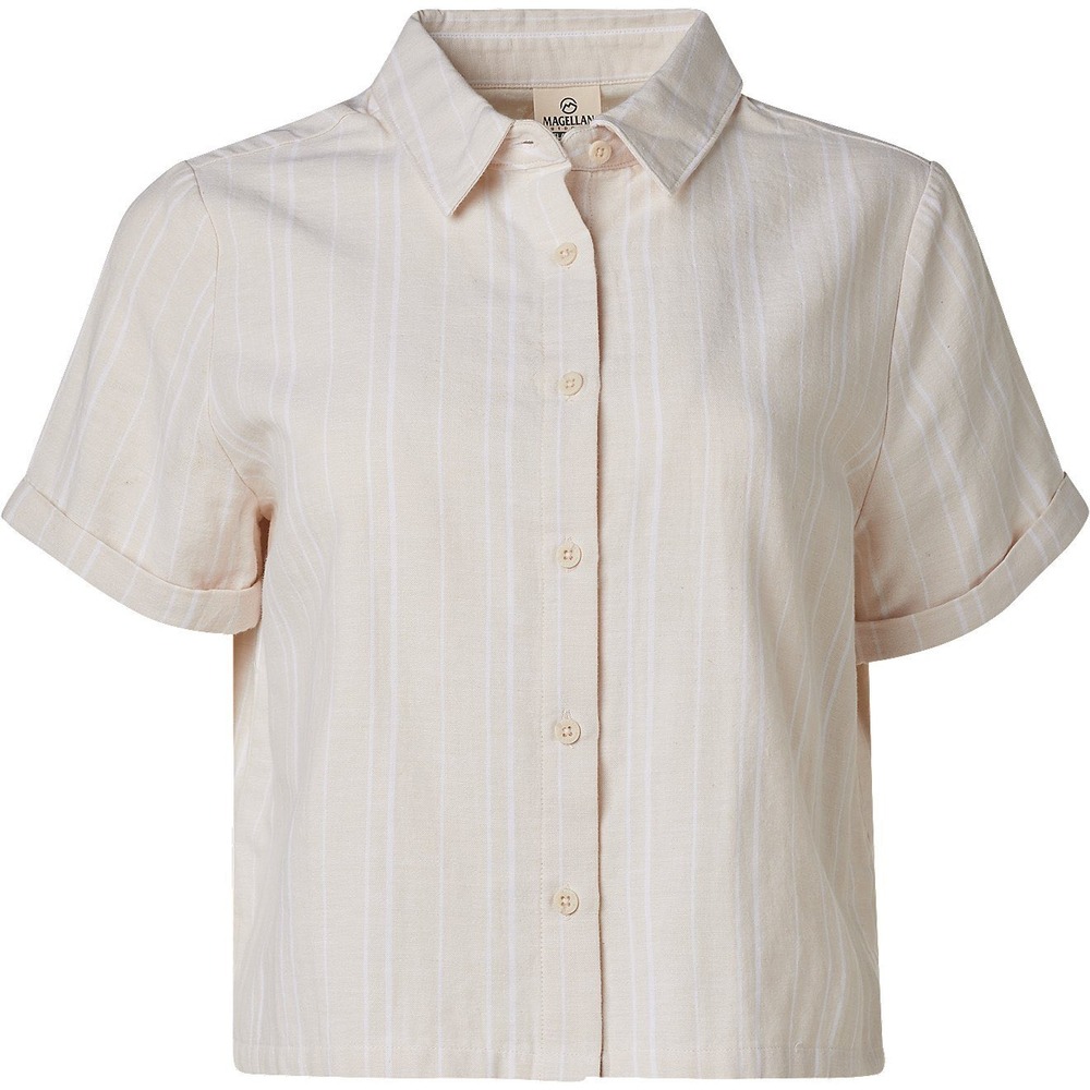 (B5) Magellan Outdoors Relaxed Fit XL Striped Short Sleeve Shirt Beige NWT
